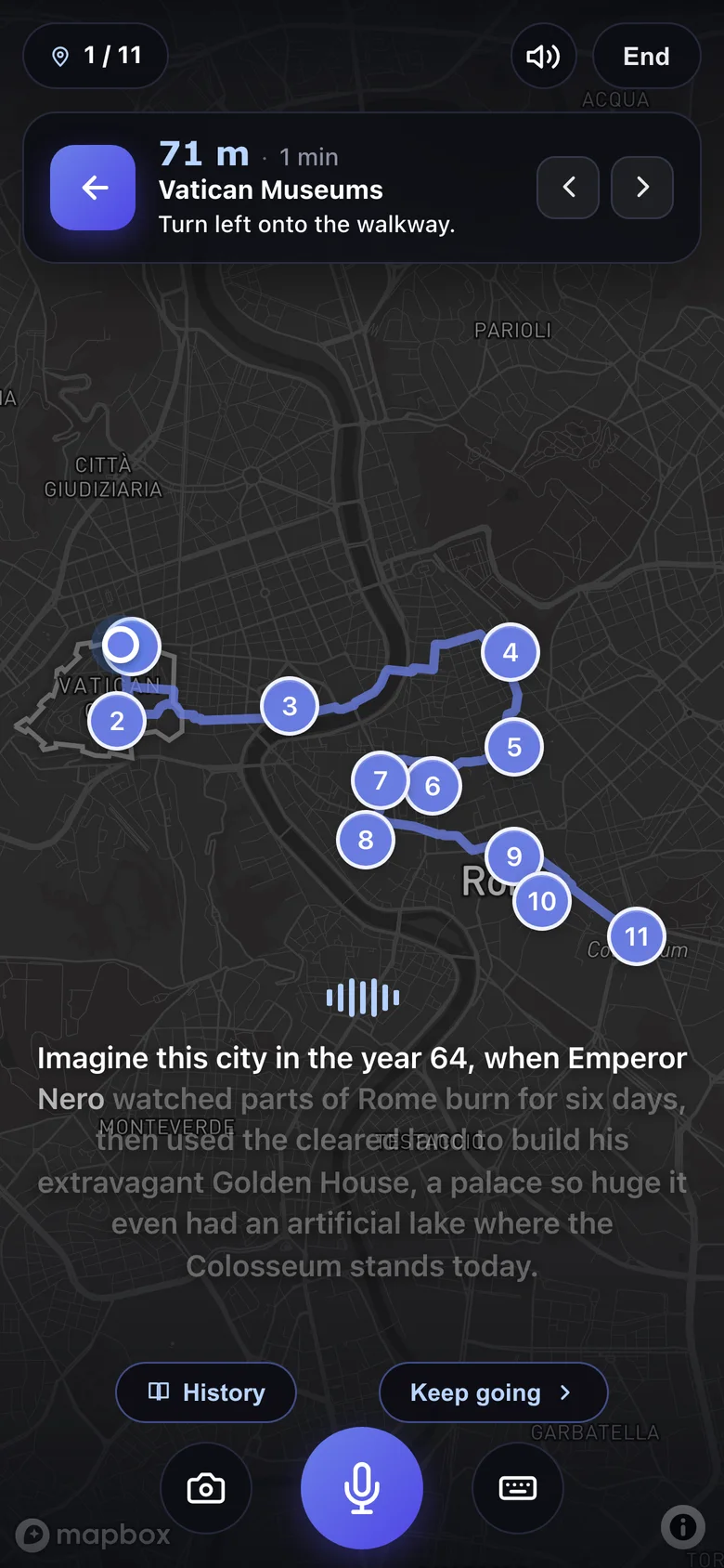On the walk: the guide is telling the story of Nero and Rome's great fire while the map navigates to the next stop, with reply buttons for photo, voice and text.