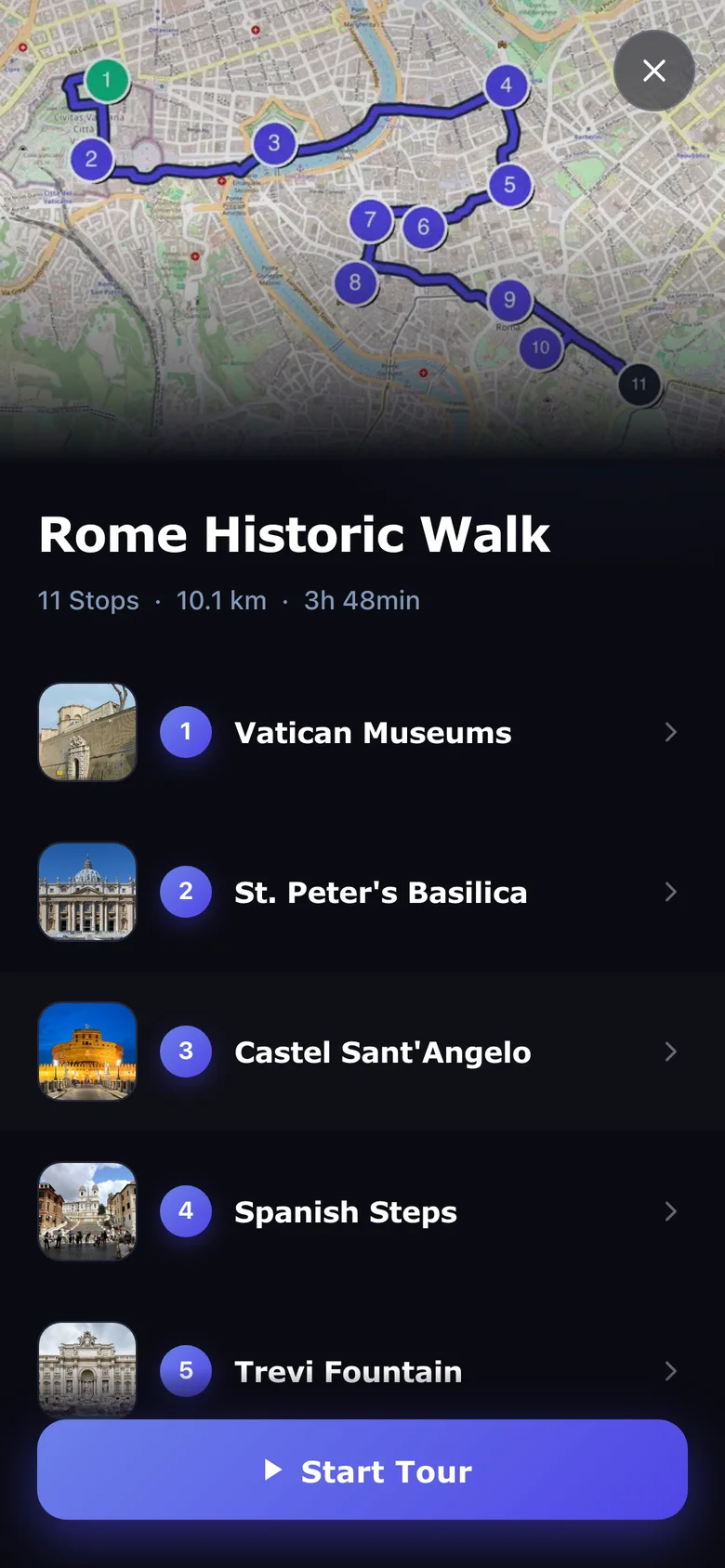 A generated Rome Historic Walk: a map traces an 11-stop route over the city, listing Vatican Museums, St. Peter's Basilica, Castel Sant'Angelo, Spanish Steps and Trevi Fountain, with a 'Start Tour' button.
