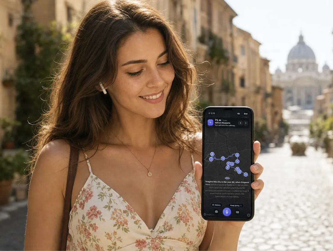 A woman holding her phone in Rome showing the interactive guide, with St. Peter's Basilica in the background.